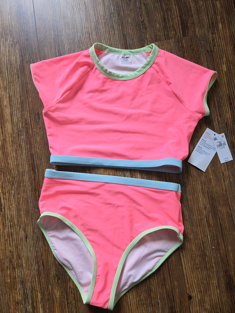 NEW Old Navy Neon Pink Two-Piece Kids Swim Set with Lime Trim Sz. L, UPF